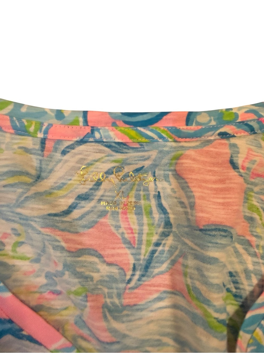 Lilly Pulitzer Pink Floral Short Sleeve Tee with Blue & Green Print - Picture 3 of 4